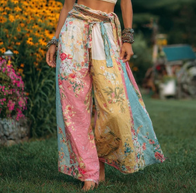 Bohemian Style Color-blocked Floral High-waisted Wide-leg Pants For Women, Perfect For A Vacation Look, Loose And Casual.