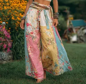 Bohemian Style Color-blocked Floral High-waisted Wide-leg Pants For Women, Perfect For A Vacation Look, Loose And Casual.