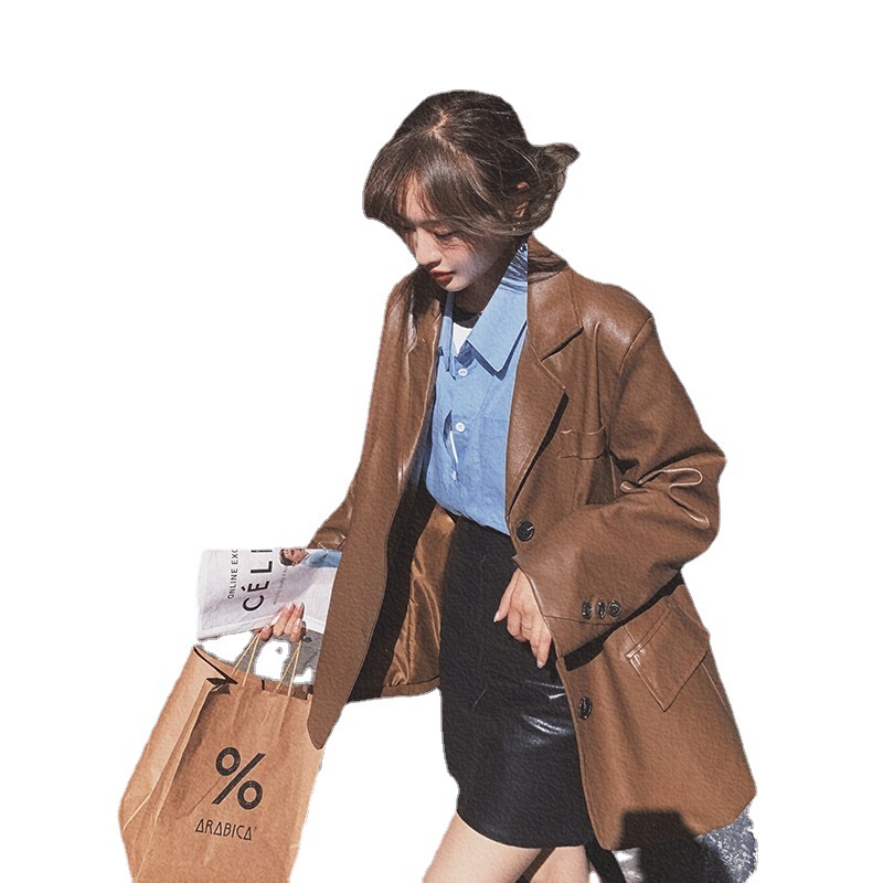 Hong Kong Style Retro PU Leather Suit Jacket Women