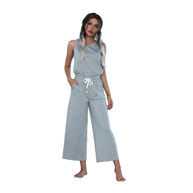 Solid Color Sleeveless Pocket Lace Up Wide Leg Jumpsuit Light Grey - Shop at LoveMi
