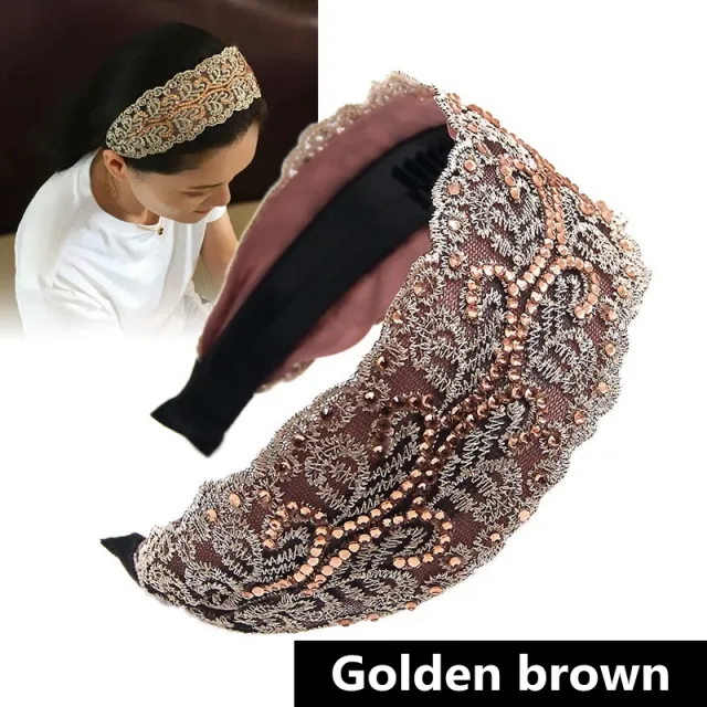 Women's Lace Wide Brim Rhinestone Hair Hoop Gold Brown - Shop at LoveMi