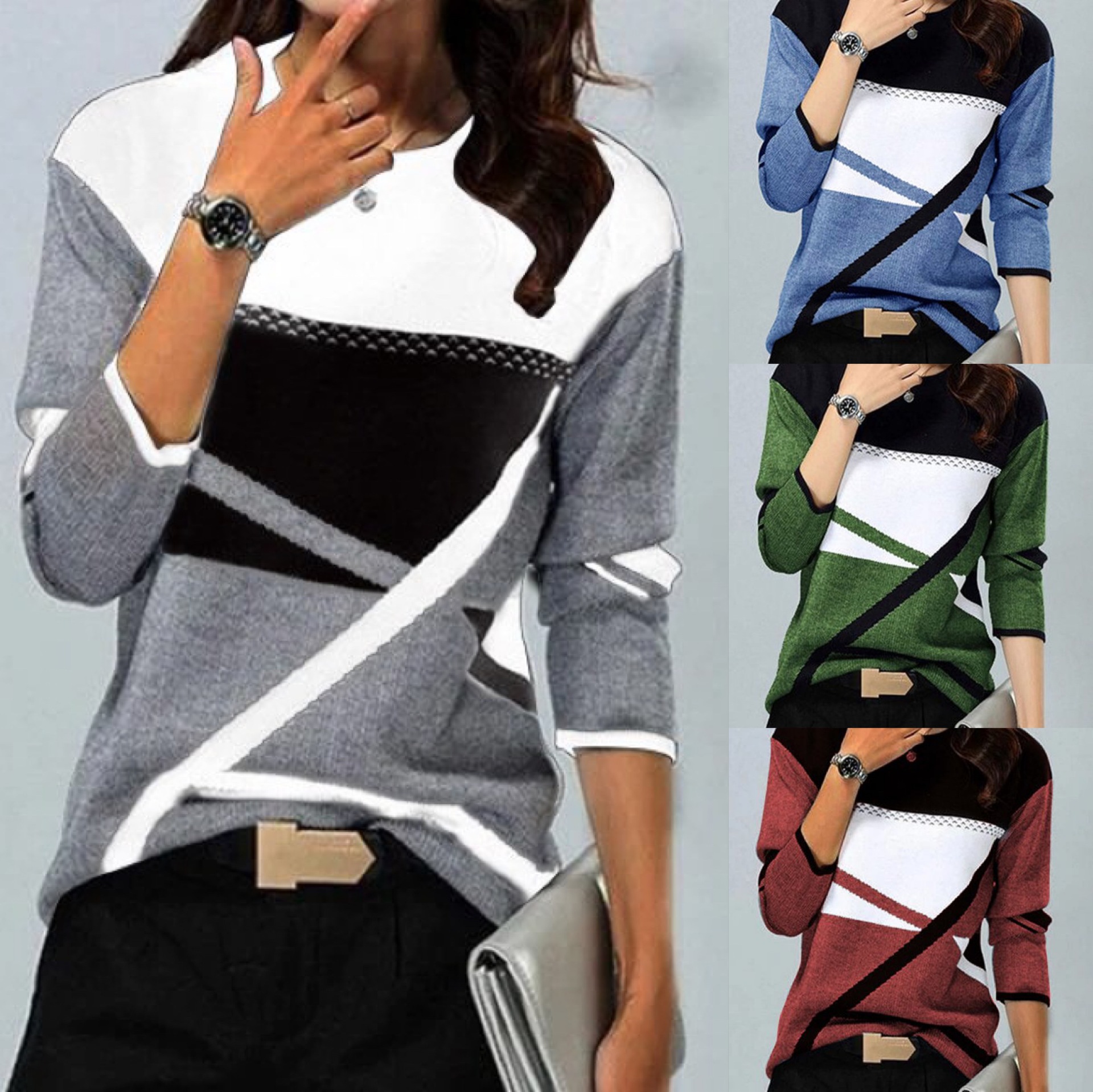 Contrasting Color Positioning Print Round Neck Long-sleeved T-shirt