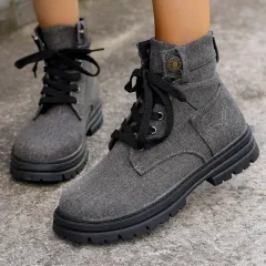 Lace-up Denim Ankle Boots Women Fashion Platform Cowboy Boots Casual Fashion Autumn Winter Round Toe Shoes - Grey - View 1