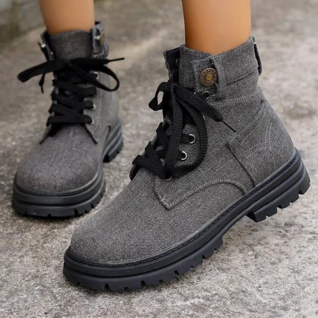 Lace up Denim Ankle Boots Women Fashion Platform Cowboy Boots Casual Fashion Autumn Winter Round Toe Shoes Grey - Shop at LoveMi