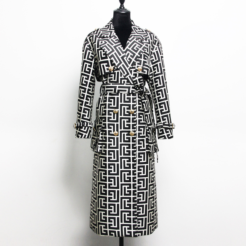 Printed Medium-long Black Trench Coat - Image 5