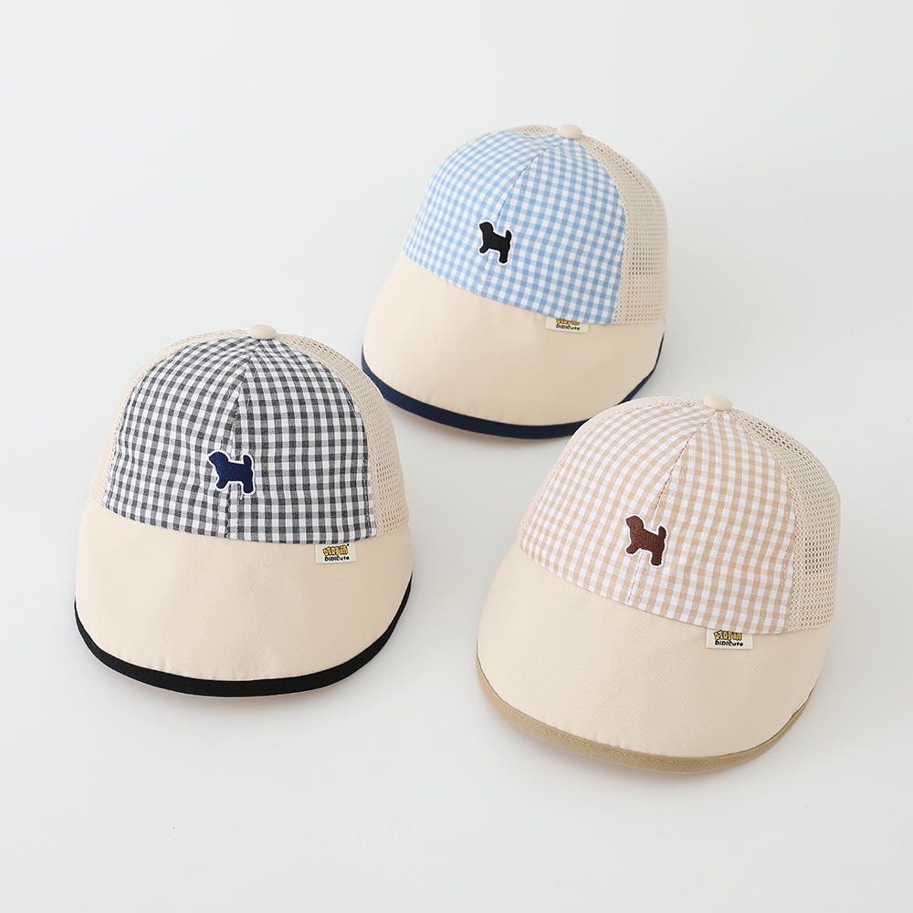 Summer Children's Checkered Multi-color Baseball Cap With Cartoon Dog Embroidery And Net Fabric Patching For Breathable And Soft Brim, Baby Sun Hat For Shade Protection