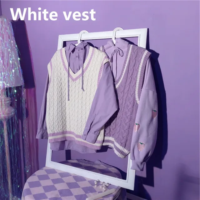 Women's Retro Sleeveless Sweater Knitted Vest Jacket White Vest - Shop at LoveMi