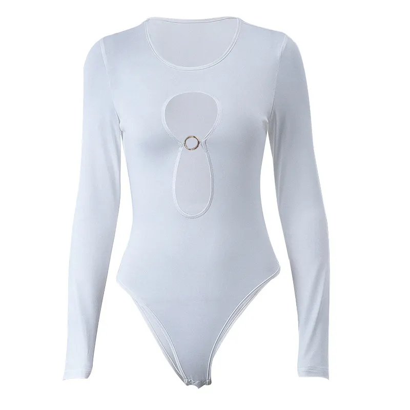 Women's New Chest Ring Decorative Bottom Coat Casual Bodysuit - White