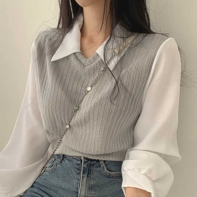 French Retro Fashion Knitted Fake Two Pieces Stitching Short Shirt Female Grey - Shop at LoveMi