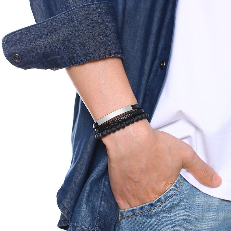 Title 6, Bracelet homme en acier inoxydable et cuir noir