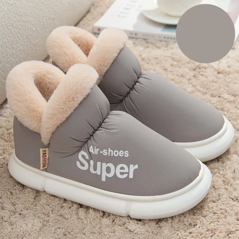 Warm House Shoes Plush Fleece High Back Heel Slippers Home Winter Warm Couple Shoes - Grey