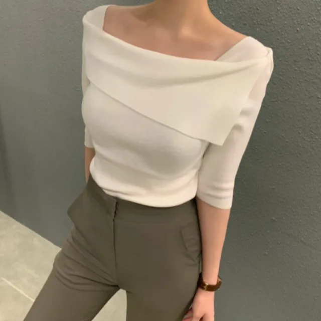Women's Gentle Temperament Slim Fit One Line Neck Knit Sweater White - Shop at LoveMi