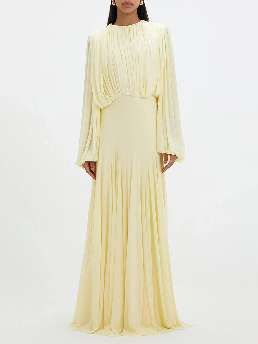 Pleated Patchwork Waist-cinching Long Dress