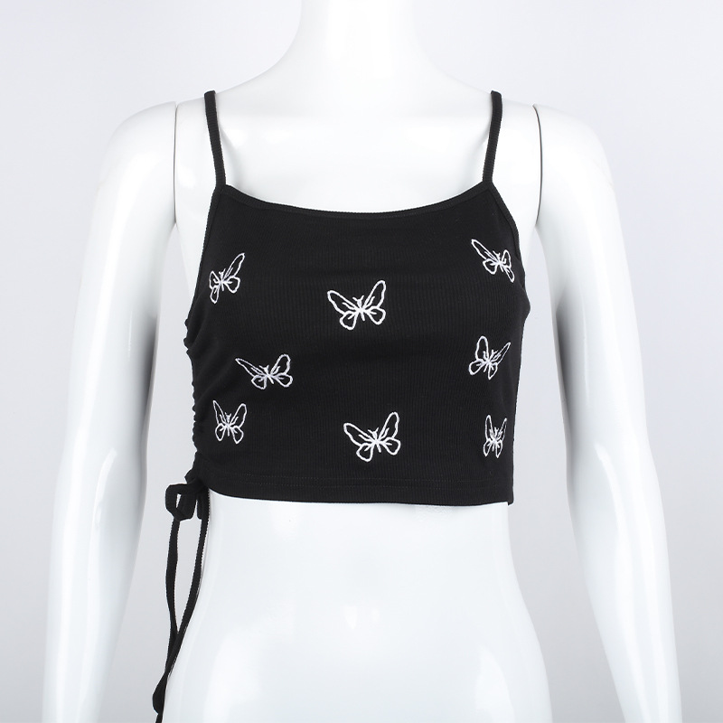 Style New Butterfly Print Umbilical Strap Drawstring Bottoming Top