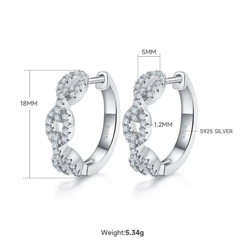 6g 18mm S925 Sterling Silver Twisted Chain Link Hoop Earrings  Moissanite Pave Huggie Hoops With GRA Certificate, Platinum Plated Jewelry Gift Box Set For Women
