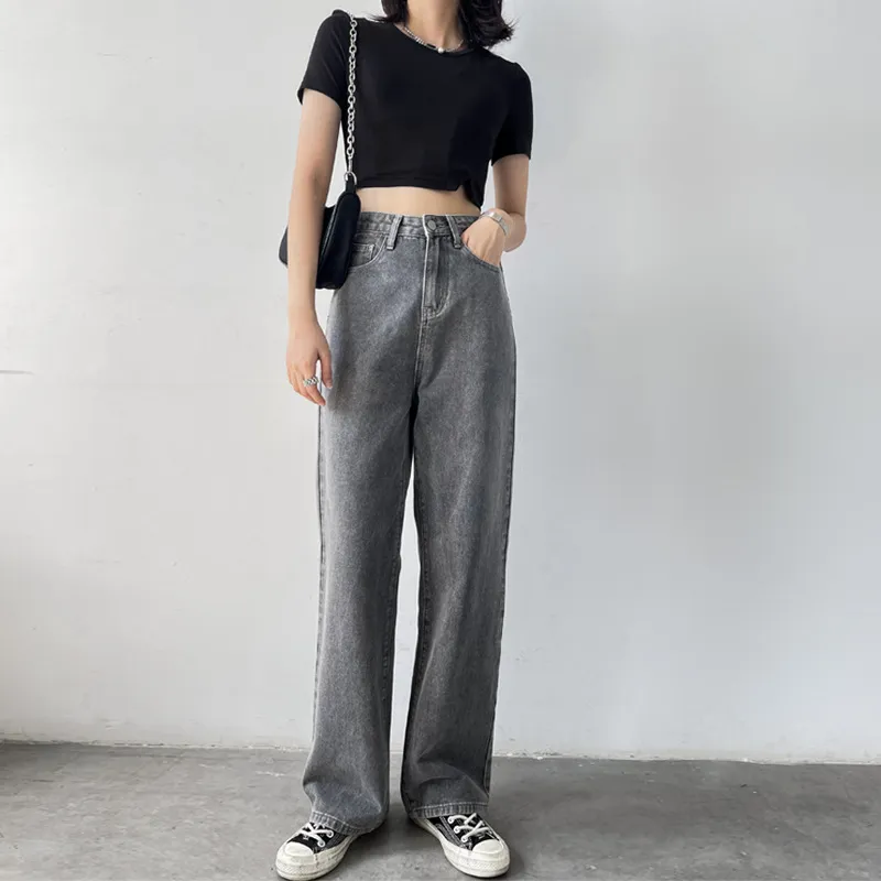 Vintage Casual Gray High Rise Straight Leg Jeans - Gray