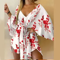New Sexy V-neck Irregular Bat Sleeve Lace-up Dress - Big Red Flower On White - View 1