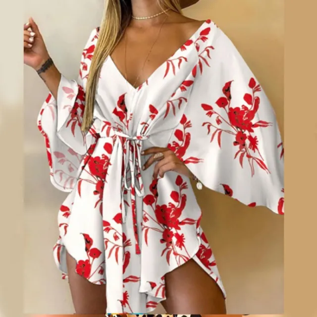 New Sexy V neck Irregular Bat Sleeve Lace up Dress Big Red Flower On White - Shop at LoveMi