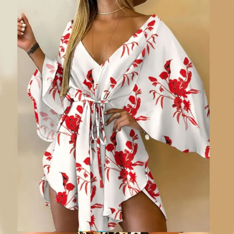 New Sexy V-neck Irregular Bat Sleeve Lace-up Dress - Big Red Flower On White
