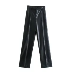 Straight High Waist Slim Solid Color Casual Pants - Leather Pants Black - View 1