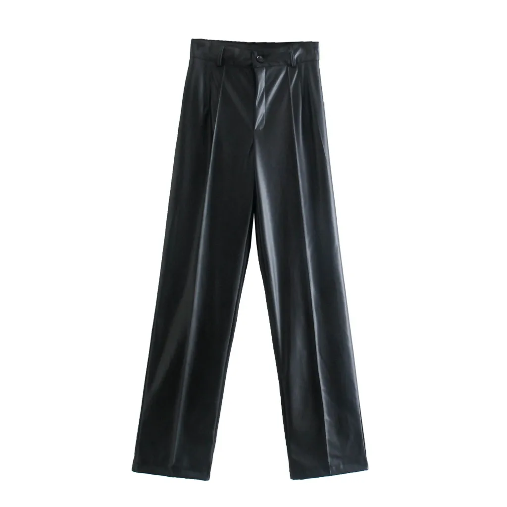 Straight High Waist Slim Solid Color Casual Pants - Leather Pants Black
