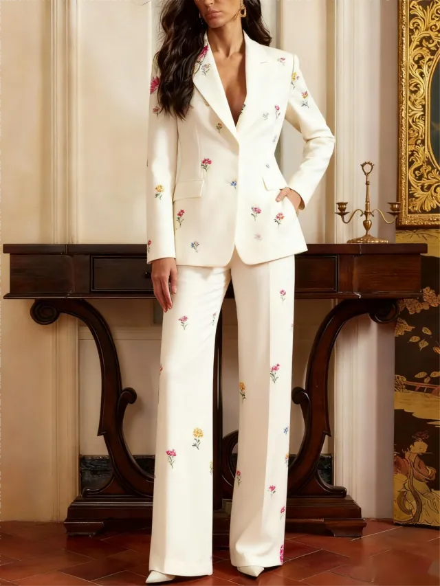 Single Breasted Pattern Blazer And Trousers 2 Piece Suit Floral - Shop at LoveMi