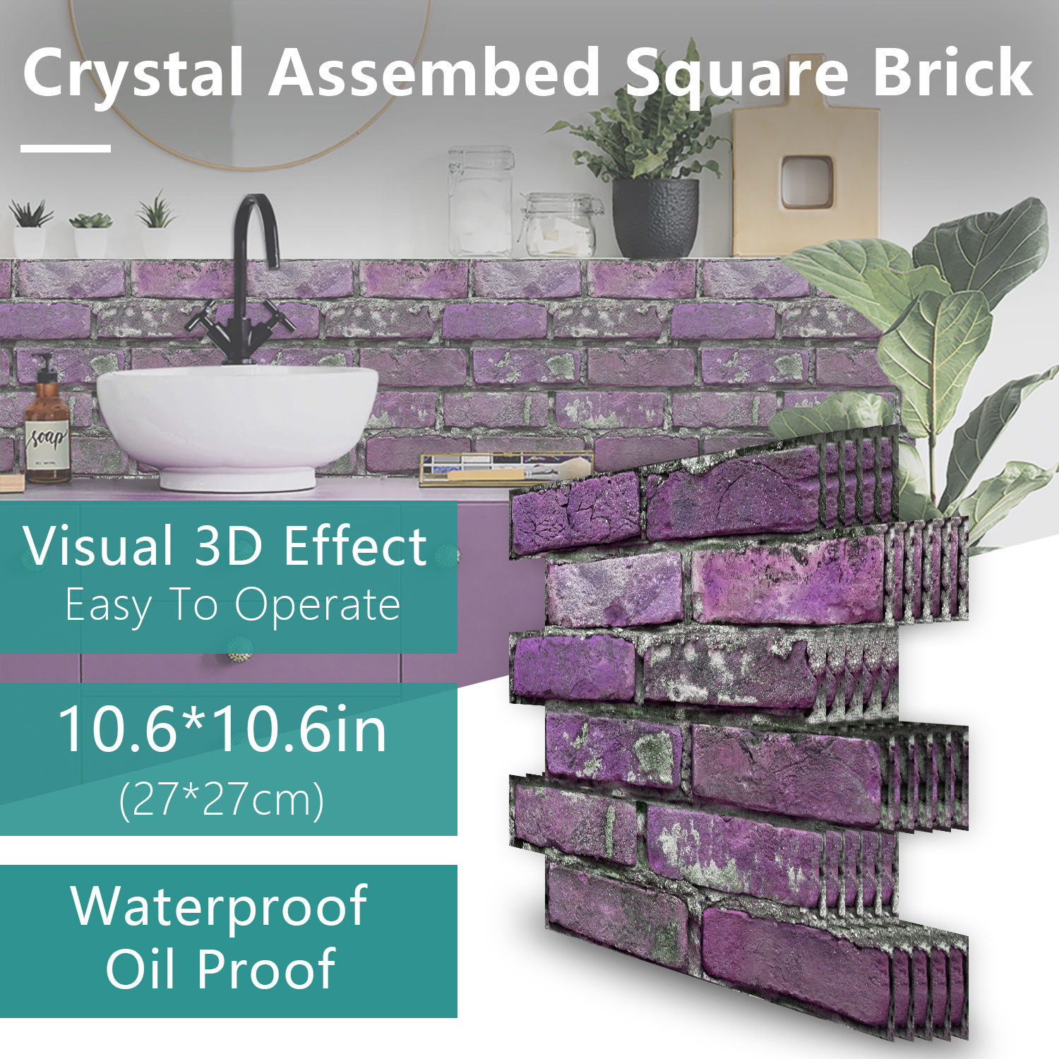 Peel And Stick Tile Wall Decoration PVC Purple Brick Splash-proof Self-adhesive Stickers