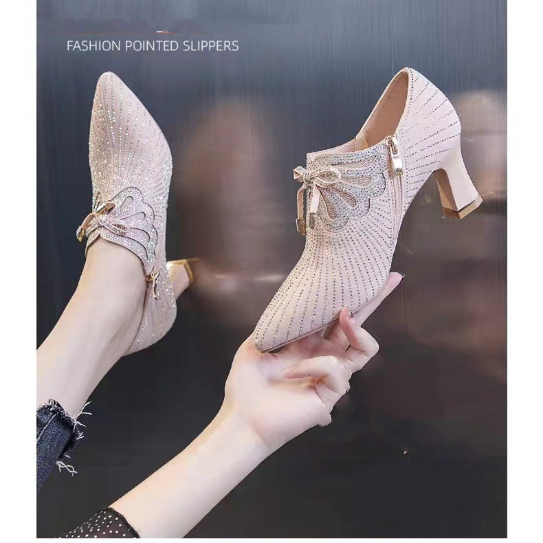 Bow-knot Pointed-toe Rhinestone High-heel British Leather Shoes