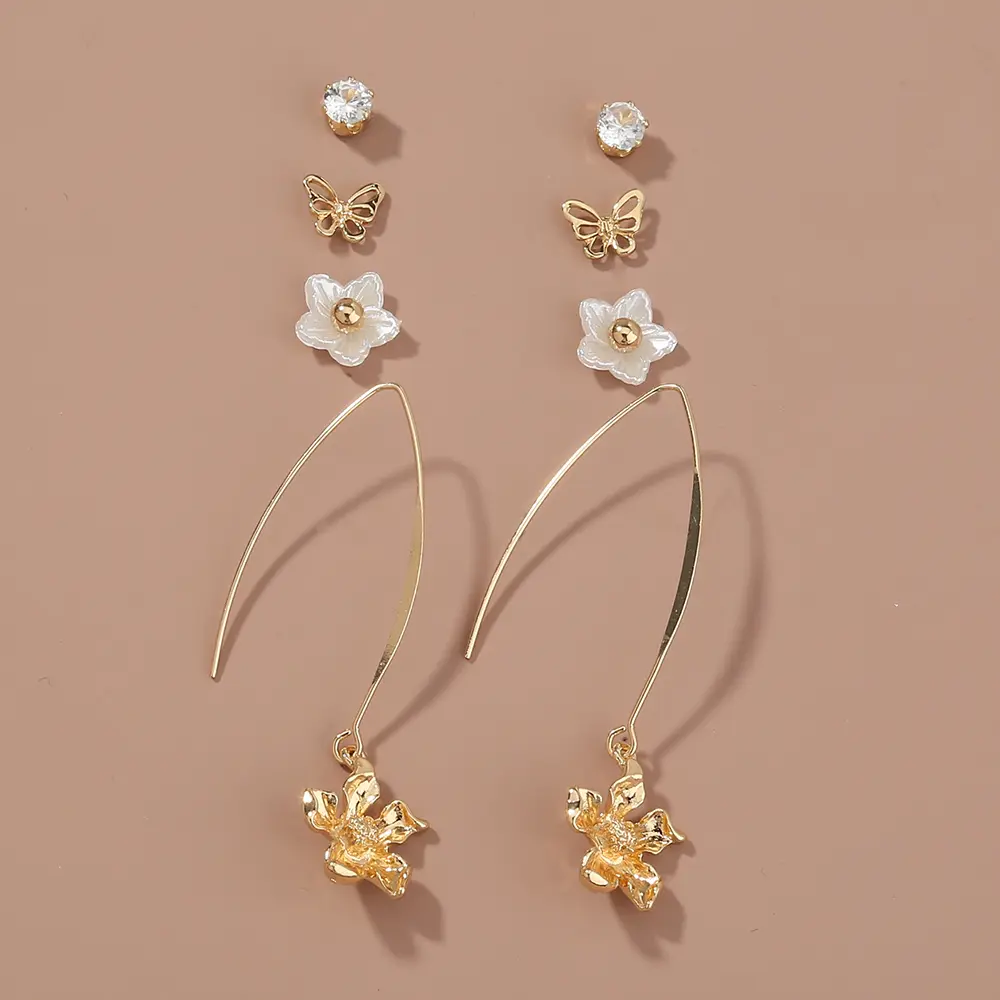 Flowers, butterflies, 4-piece set, Stud earrings