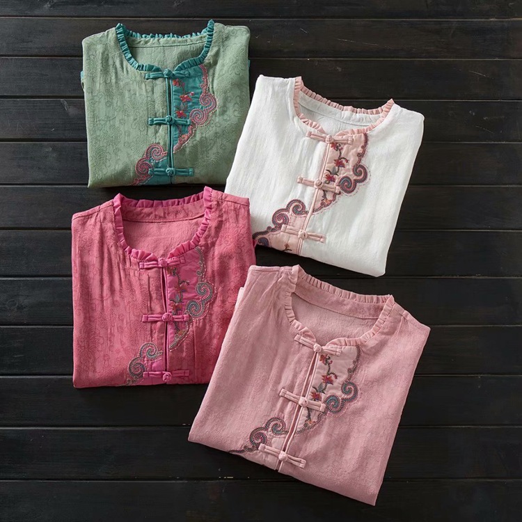 Chinese Style Ladies New Retro Button Embroidered Cotton And Linen Shirt
