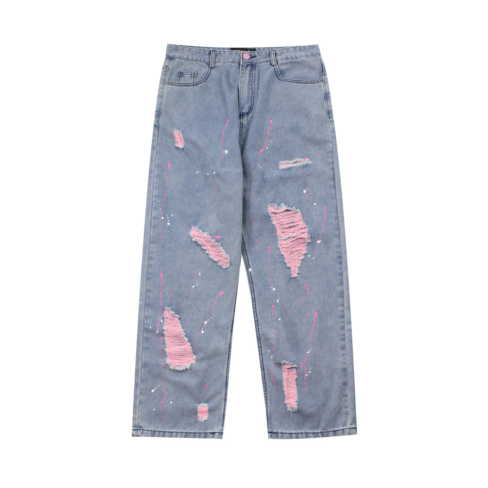 Street Fashion Brand Splash Ink Ripped Hole Washed Jeans Men's Hip-hop Trend Loose Straight Trousers