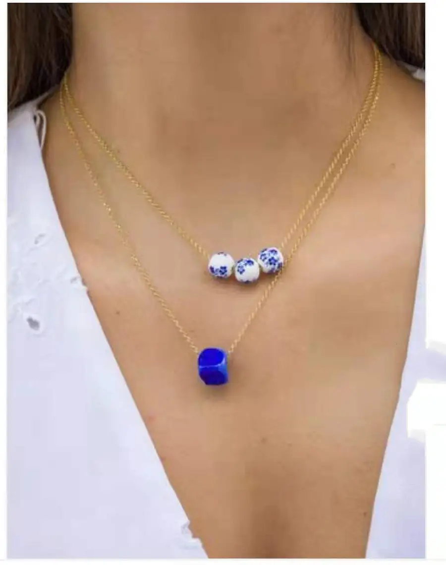 Temperament Blue And White Porcelain Bead Necklace Women