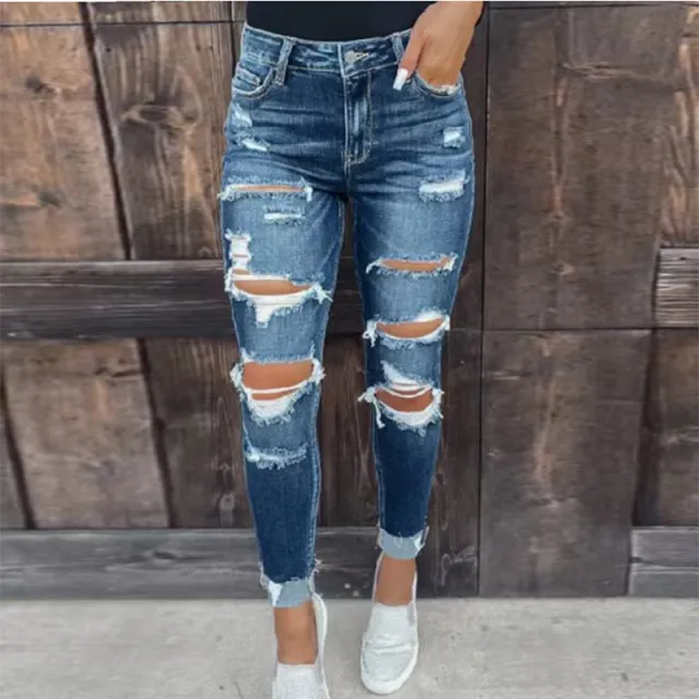 Autumn New European And American Elastic Broken Holes Pants Washed Skinny Skinny Hip Raise Fashion Jeans Blue - Shop at LoveMi