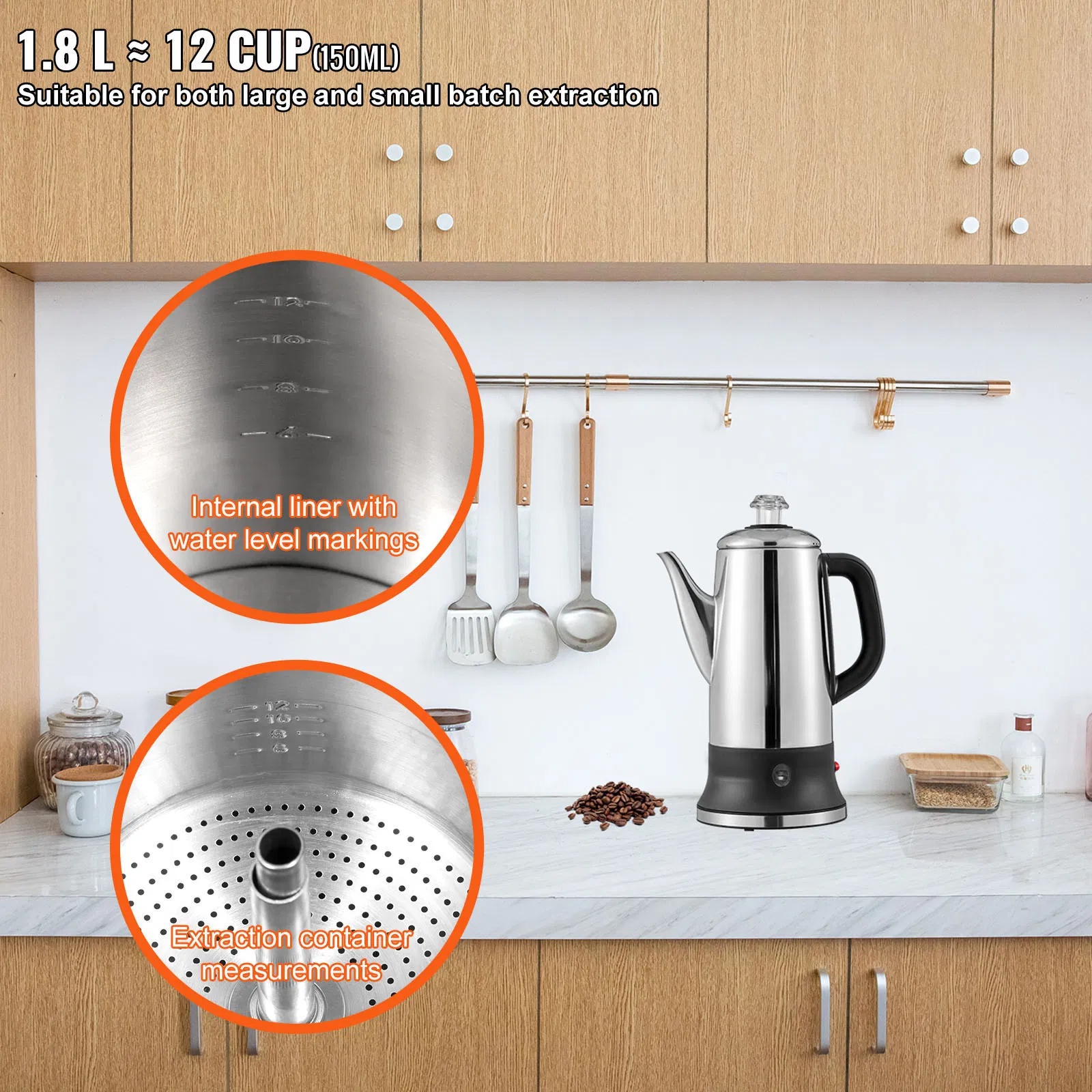 12-Cup Electric Percolator Coffee Pot, 304 Stainless Steel Coffee Percolator With Keep Warm Function & Heat-Resistant Handle, Classic Coffee Maker, Quick Brew & Easy-Pour Spout, Silver image 4