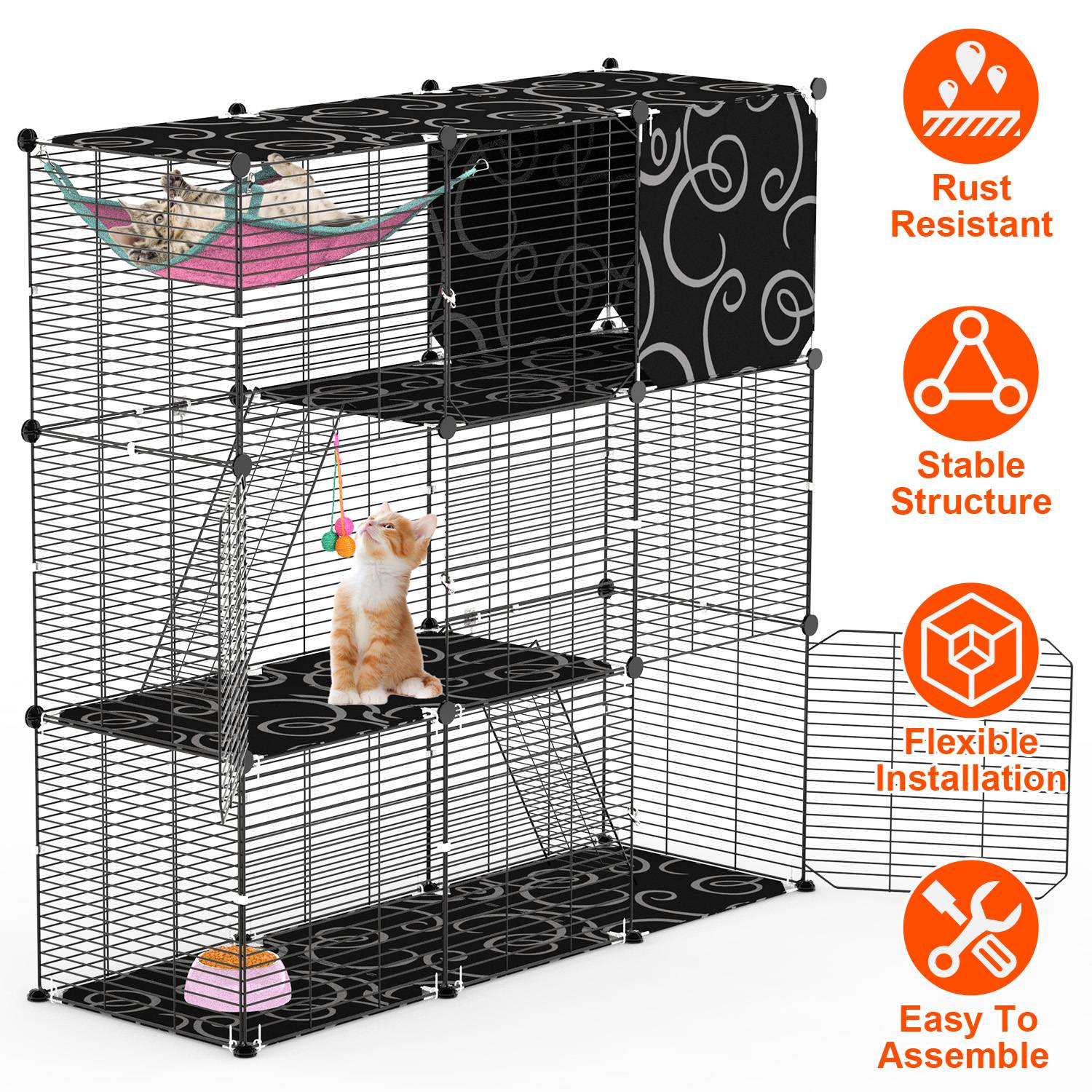 3-Tier Cat Cage Enclosure Indoor Cat Cage Playpen With Hammock Toy Ball Ladder DIY Iron Wire Cat House Kennels Crate For 1-2 Cats Ferret Rabbit Small Animals