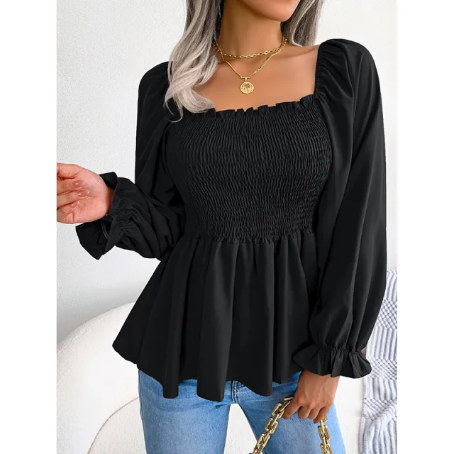 Women's Peplum Tops Square Neck Ruffle Trim Long Sleeve Blouse Smocked Top Dressy Casual Shirts Black - Shop at LoveMi