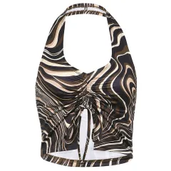 Irregular Stripes Printed Halterneck V-neck Camisole - Bronze - View 1