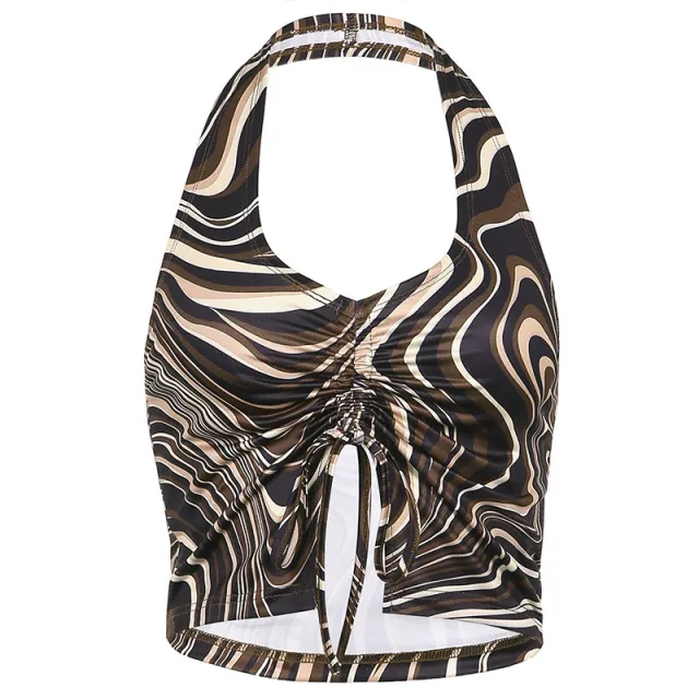 Irregular Stripes Printed Halterneck V neck Camisole Bronze - Shop at LoveMi