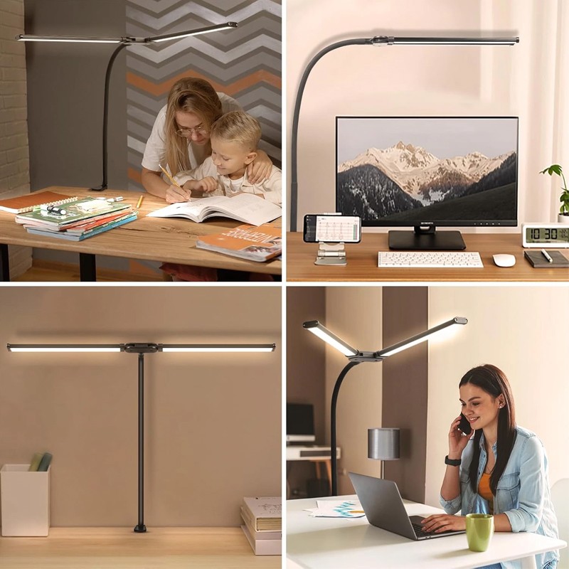 Double Head LED Desk Lamp Dimmable PC Monitor Light USB Table Lamps Black