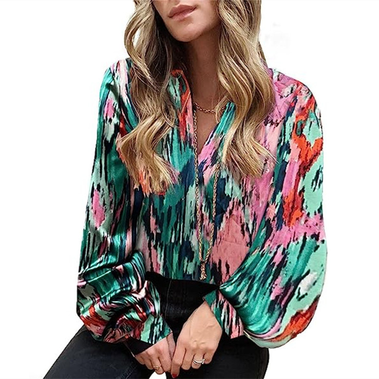 Women's Fashion Loose Temperament V-neck Printed Shirt
