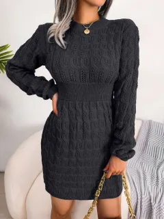 Casual Cable Knit Waist Cinched Bodycon Sweater Dress - Black - View 1