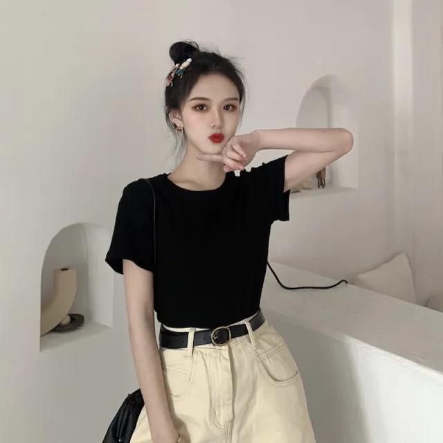 Candy Crew Neck Short Sleeve Top Women's Loose Inner Bottoming Shirt Western Style Short Sleeve T Shirt Black - Shop at LoveMi