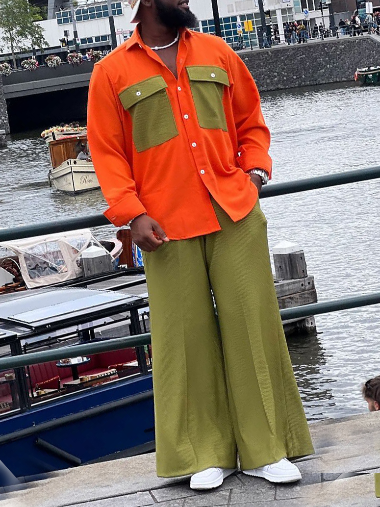 Orange And Olive Green Color-block Shirt With Wide-Leg Pants