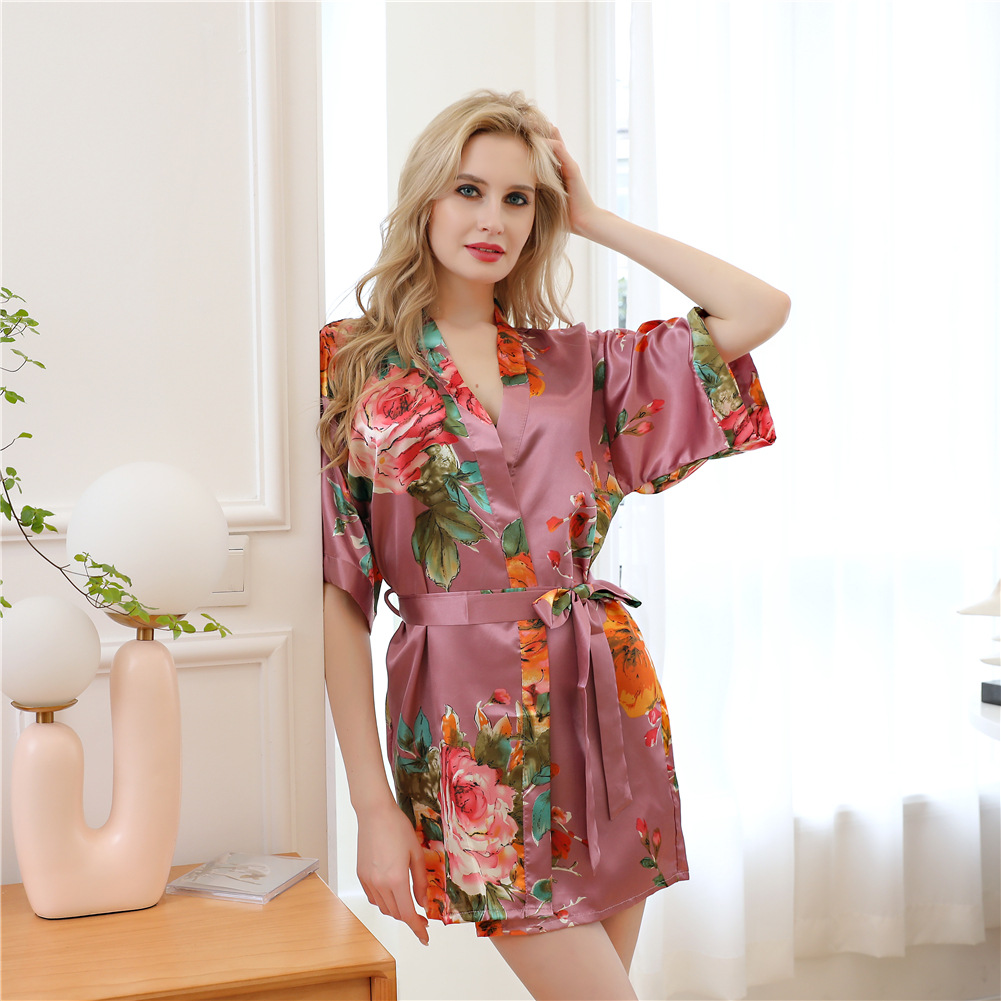 Title 6, Hand-painted peony simulation silk nightgown