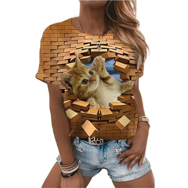 Animal Series 3D Digital Printed T shirt Brick Cat Fashion Men And Women Couple Round Neck Short Sleeved T shirt - Shop at LoveMi