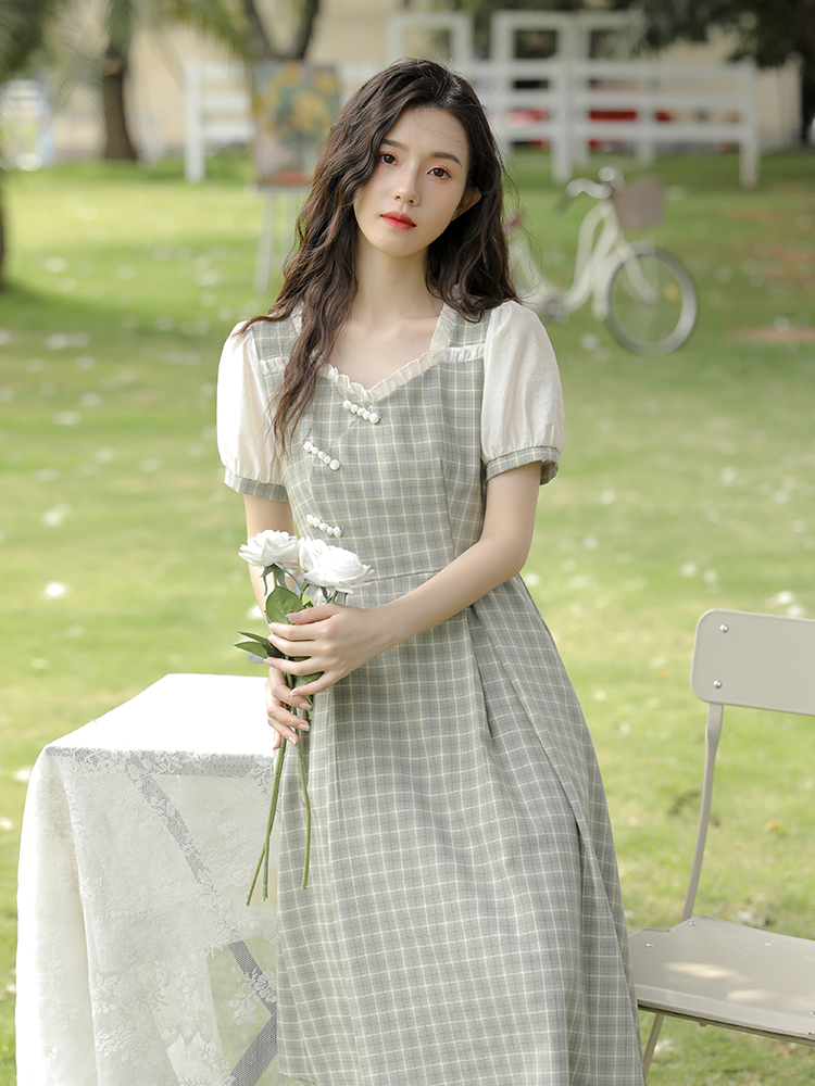 Long Skirt Waist Puff Sleeve Tea Break French Retro Cheongsam