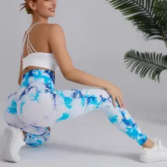 Tie-dye Printed Yoga Pants Fashion Seamless High-waisted Hip-lifting Trousers Sports Running Fitness Pants For Womens Clothing - Blue Pink - View 1