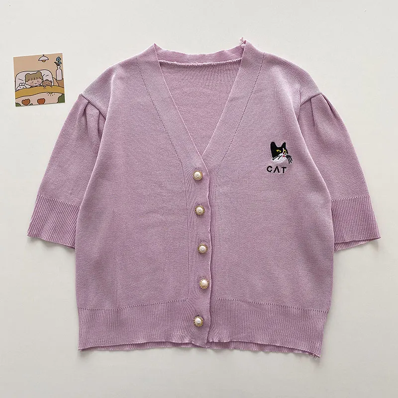 Korean Style Cat Embroidery Design Temperament V-neck Cardigan Top - Purple