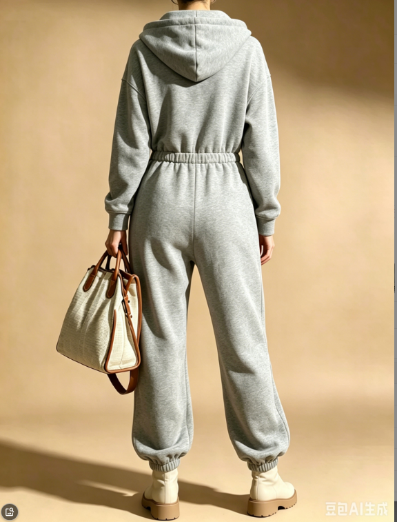 Light Grey Hooded Full Zipper Waist Cinching And Foot Binding Casual Hoodie Jumpsuit