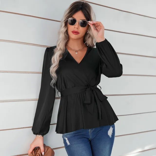 Women's Thin Fashion Tie Waist V Neck Shirt Black - Shop at LoveMi